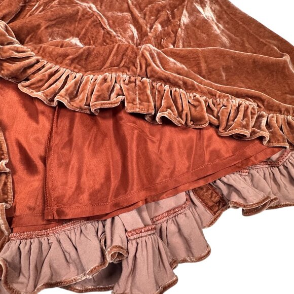 ANTHROPOLOGIE ODILLE Crushed Velvet Skirt Sz 2 Ruffle Hem Rusty Orange Boho Y2K - Picture 11 of 13